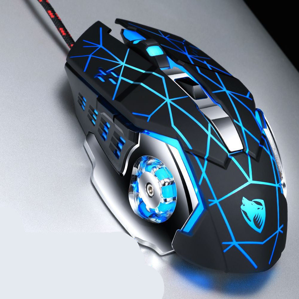 Gaming mouse with blue LED lights on a gray background