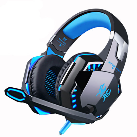 Gaming headset with blue LED lights on a white background