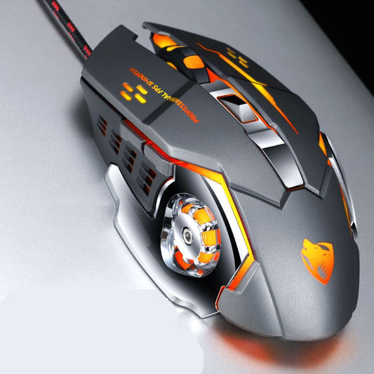 Gaming mouse with orange accents on a gray background
