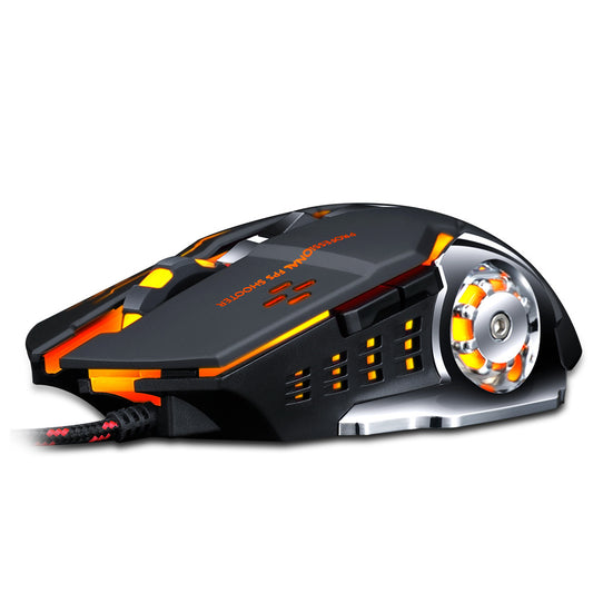Gaming mouse with black, orange, and silver design on a white background
