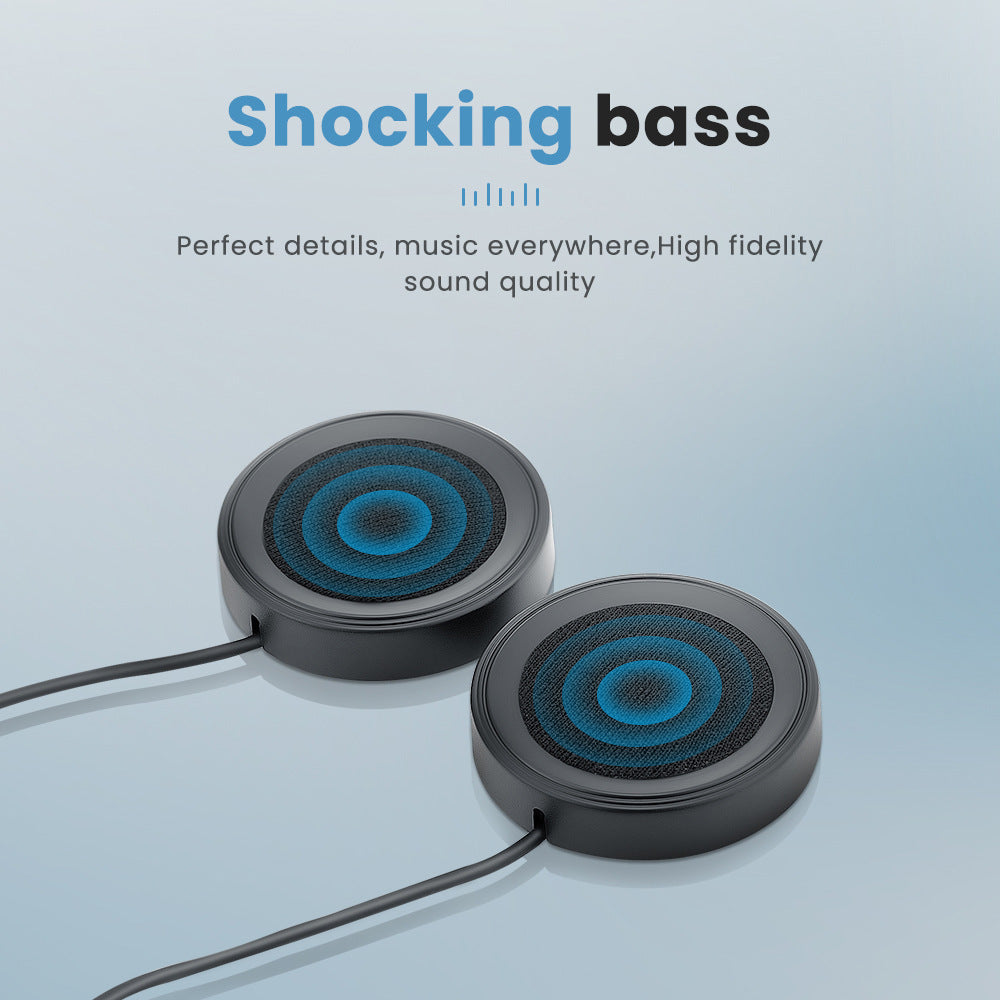 Two black speakers with blue circular patterns on a light blue background, featuring text about high-quality sound.