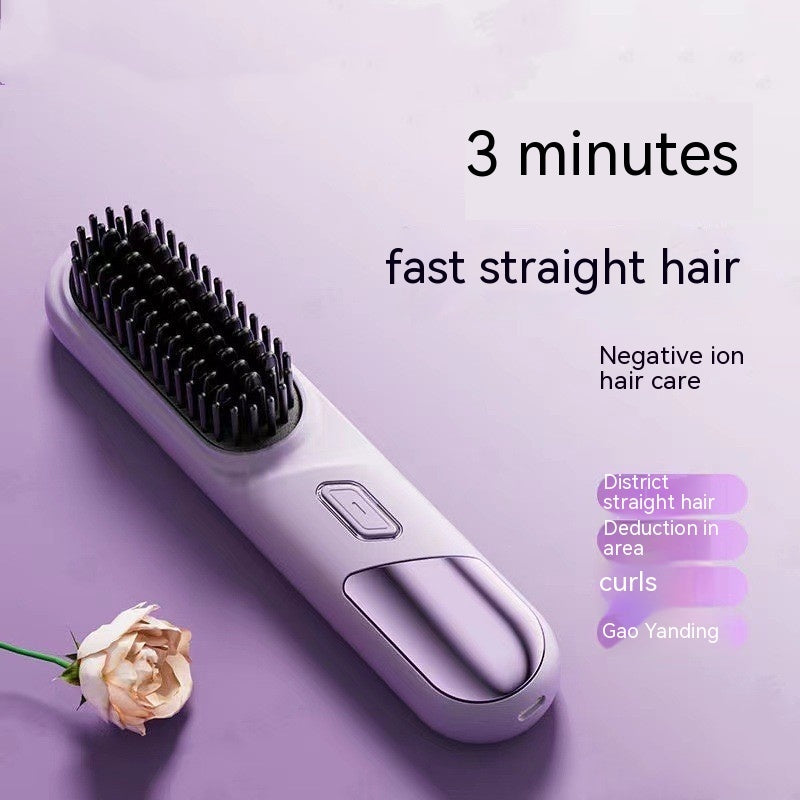 Hair straightening brush with text on a purple background