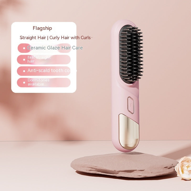 Pink hairbrush with features listed on a pink background