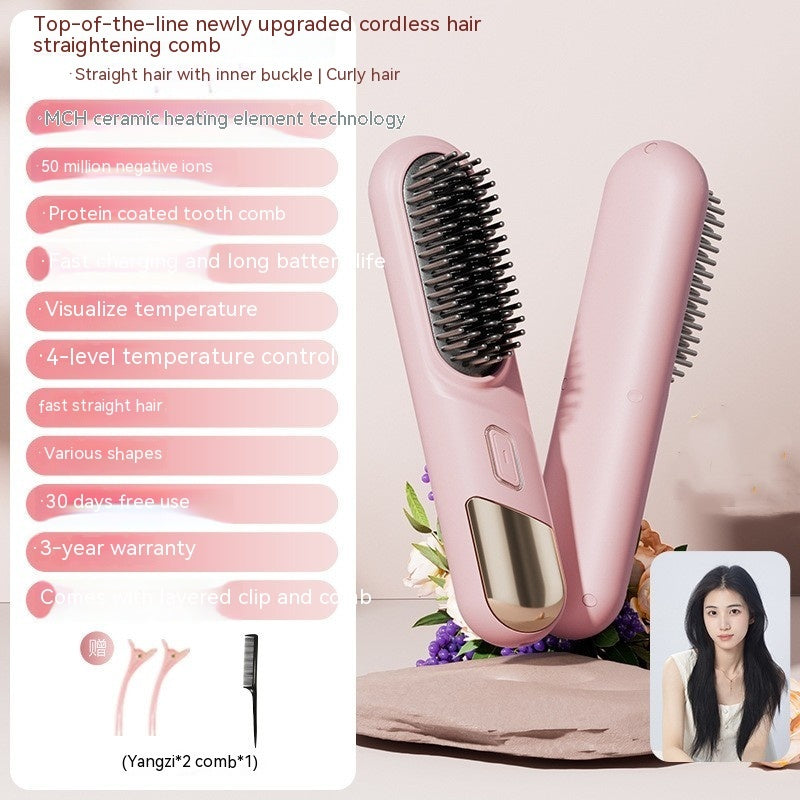 Pink hair straightening comb with text detailing features on a light background
