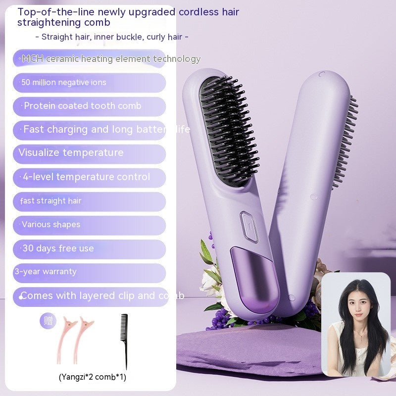 Purple hair straightening comb with features listed on a purple background