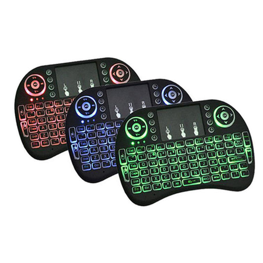 Three H9 wireless backlit colorful touch remote control keyboards in black color with illuminated keys in various colors.
