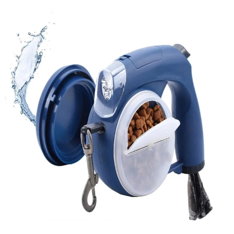 Navy blue retractable dog leash collar with open bag compartment and hanging hook