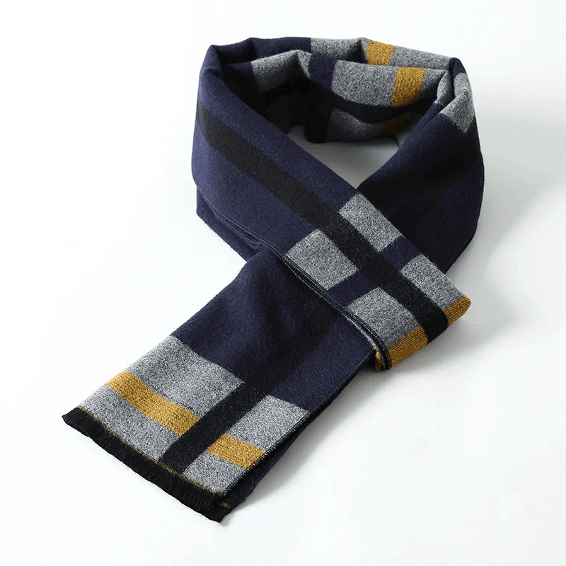 A display of wool tartan scarves, solid knit scarves, and luxury silk scarves from the Men's Fashionable Scarves collection