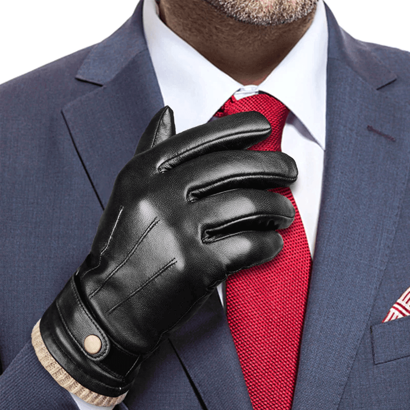 A display of leather dress gloves, waterproof ski mittens, and knit fleece gloves from the Men's Winter Gloves and Mittens collection