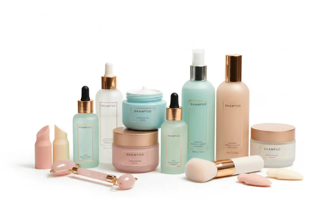 A display of premium skincare bottles, haircare products, and grooming accessories from the US Beauty and Personal Care Essentials collection.