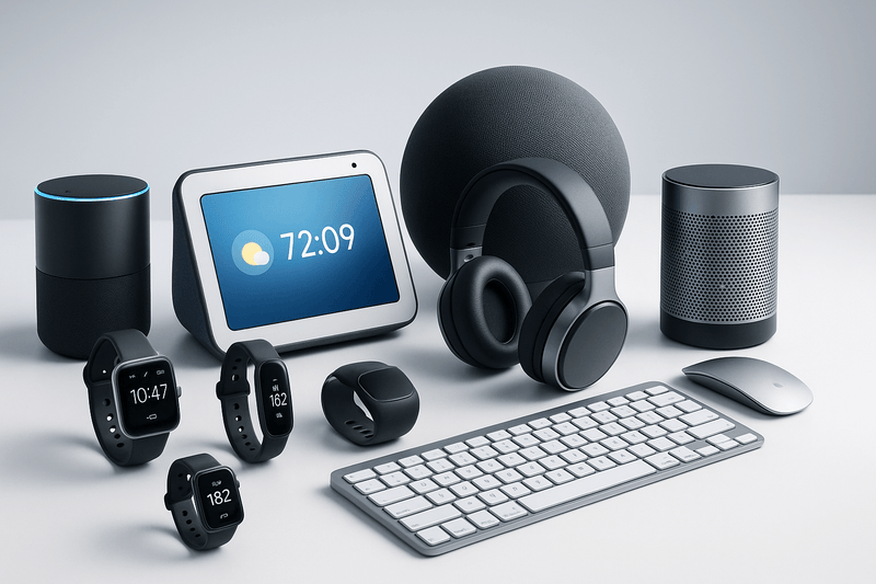 A display of smart home devices, computer peripherals, and audio equipment from the Electronics Collection