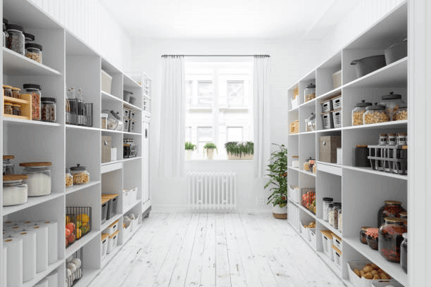 A display of modular shelving, storage bins, and drawer organizers from the Home Storage Solutions collection