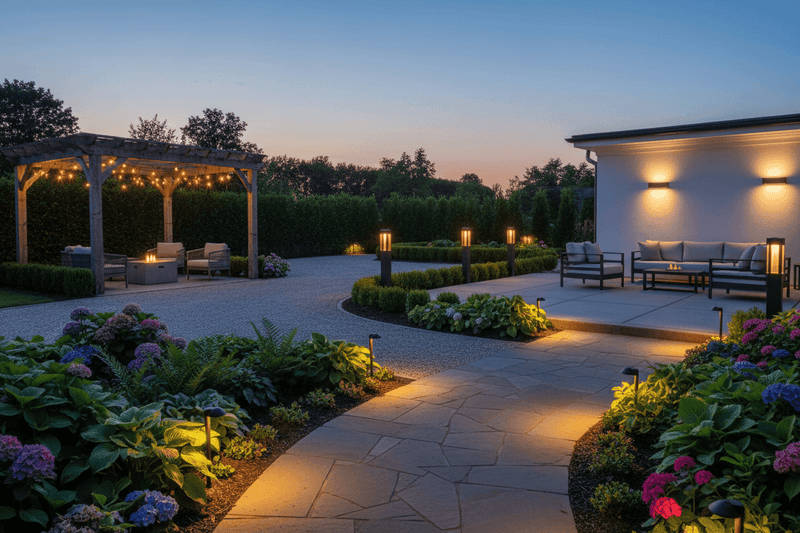 A display of motion-sensor floodlights, decorative path lights, and weatherproof wall lanterns from the Outdoor Lighting Solutions collection