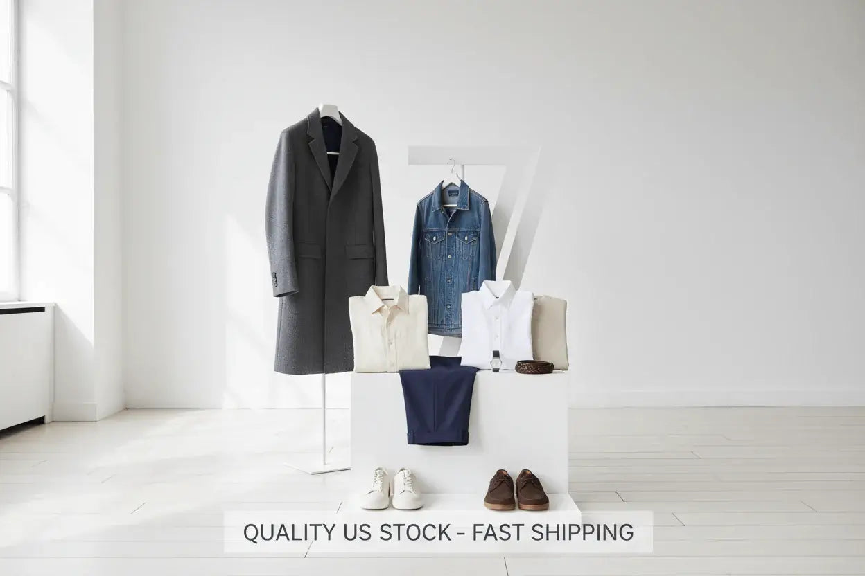 A display of premium cotton t-shirts and fleece joggers from the Men's Essentials Wear – US Stock collection.