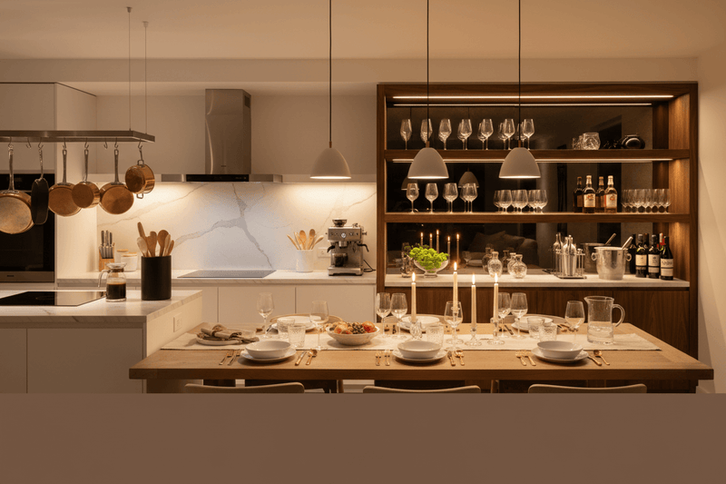 A display of professional cutlery, stainless steel cookware, and measuring cups from the Essential Kitchen Tools collection