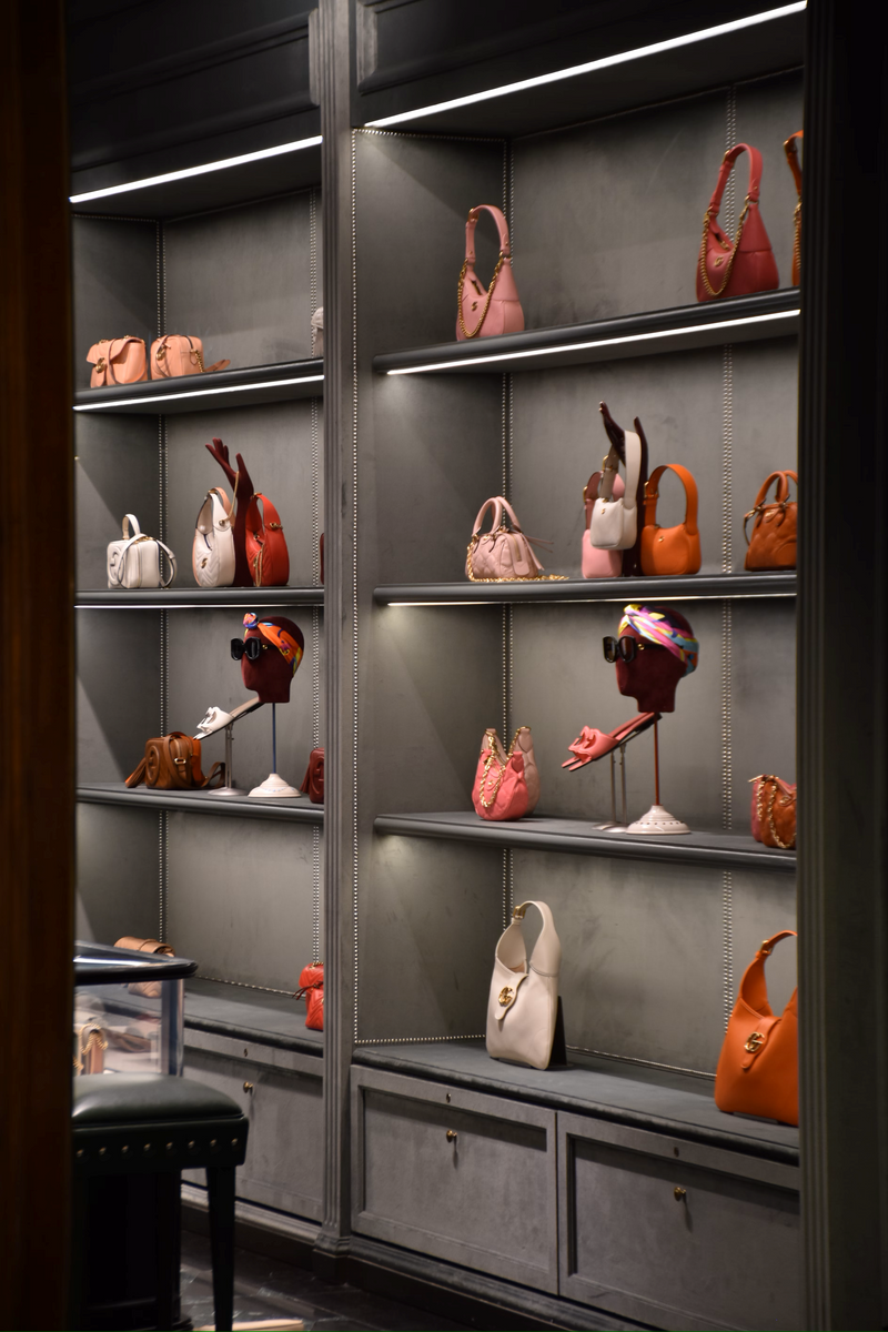 Stylish bags collection displayed on shelves featuring various designs and colors for fashion enthusiasts.
