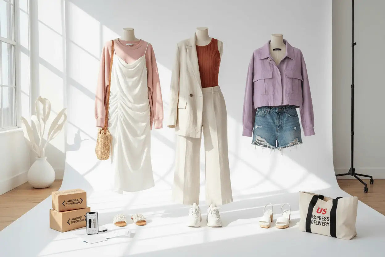 A display of casual tops, denim jeans, and loungewear from the Womens Everyday Fashion Us Stock collection