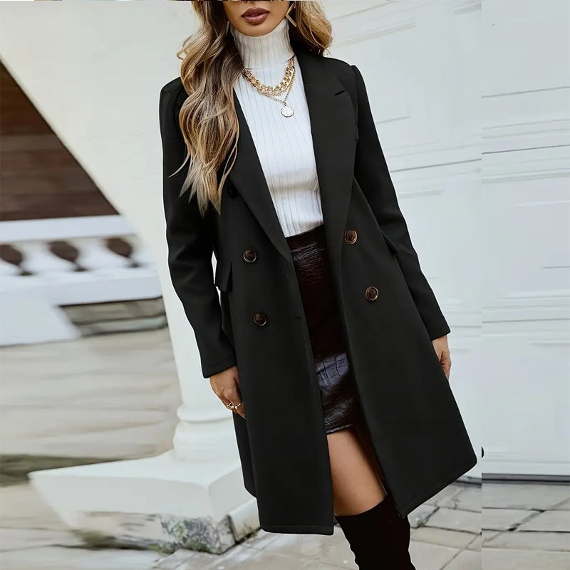 Women's Wool-Like Double-Breasted Coat | Mid-Length Notch Lapel Jacket