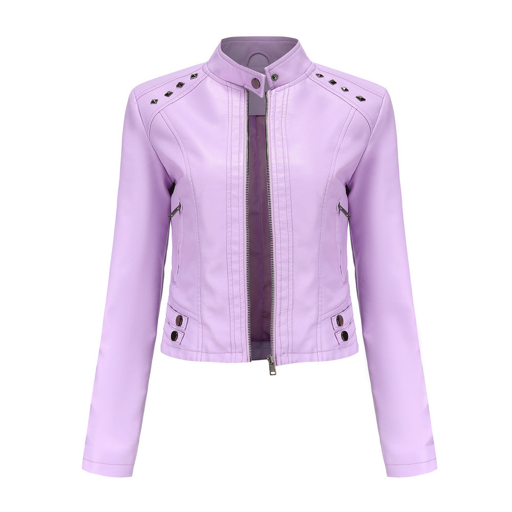 Studded Leather Women Short Jacket Long Sleeves Outerwear & Jackets | Ectron Online