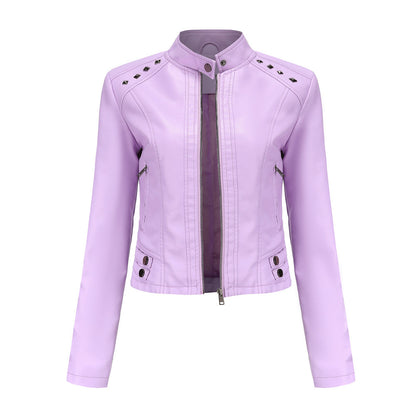 Studded Leather Women Short Jacket Long Sleeves