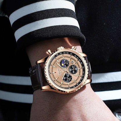 Rose-gold multifunction waterproof watch with light dial and brown leather strap