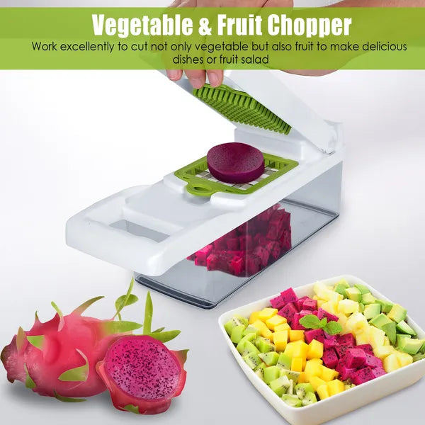 Vegetable and fruit chopper with white base, green blade tray, and container