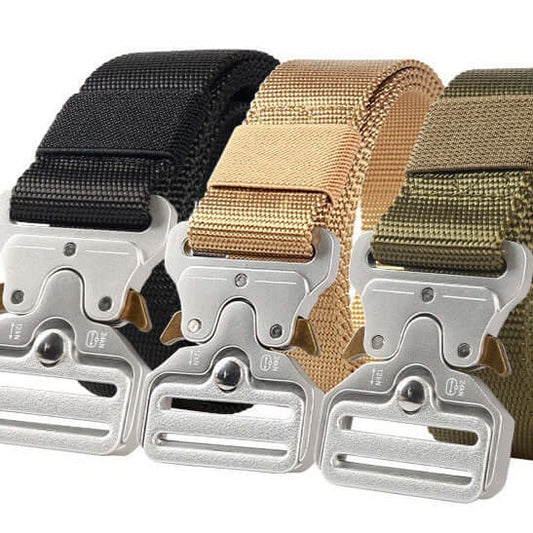 Tactical Belt With Alloy Buckle in black, tan, and green colors, showcasing durable design and sleek alloy buckles.