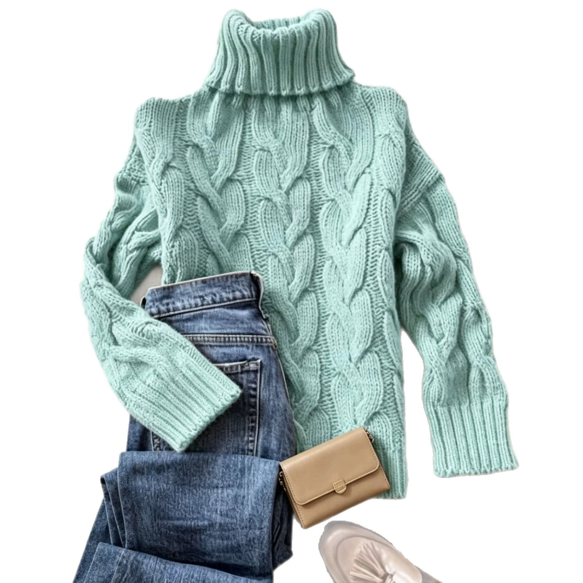 Teal cable-knit turtleneck long-sleeve sweater with ribbed collar, cuffs, and hem.