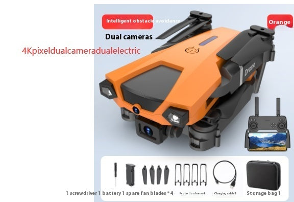 Folding quadcopter drone with orange body and front dual camera module