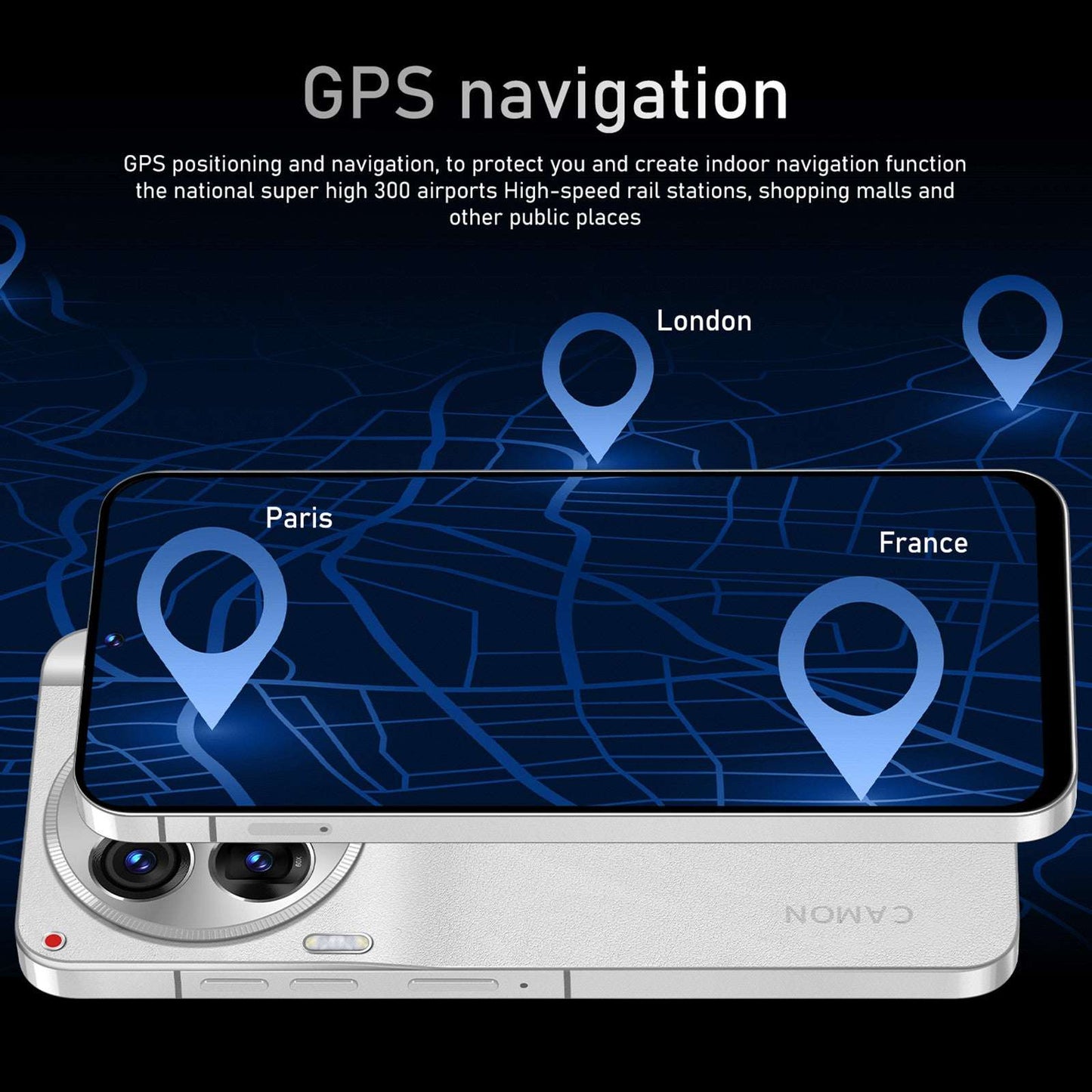 Smartphone displaying GPS navigation map with location pins