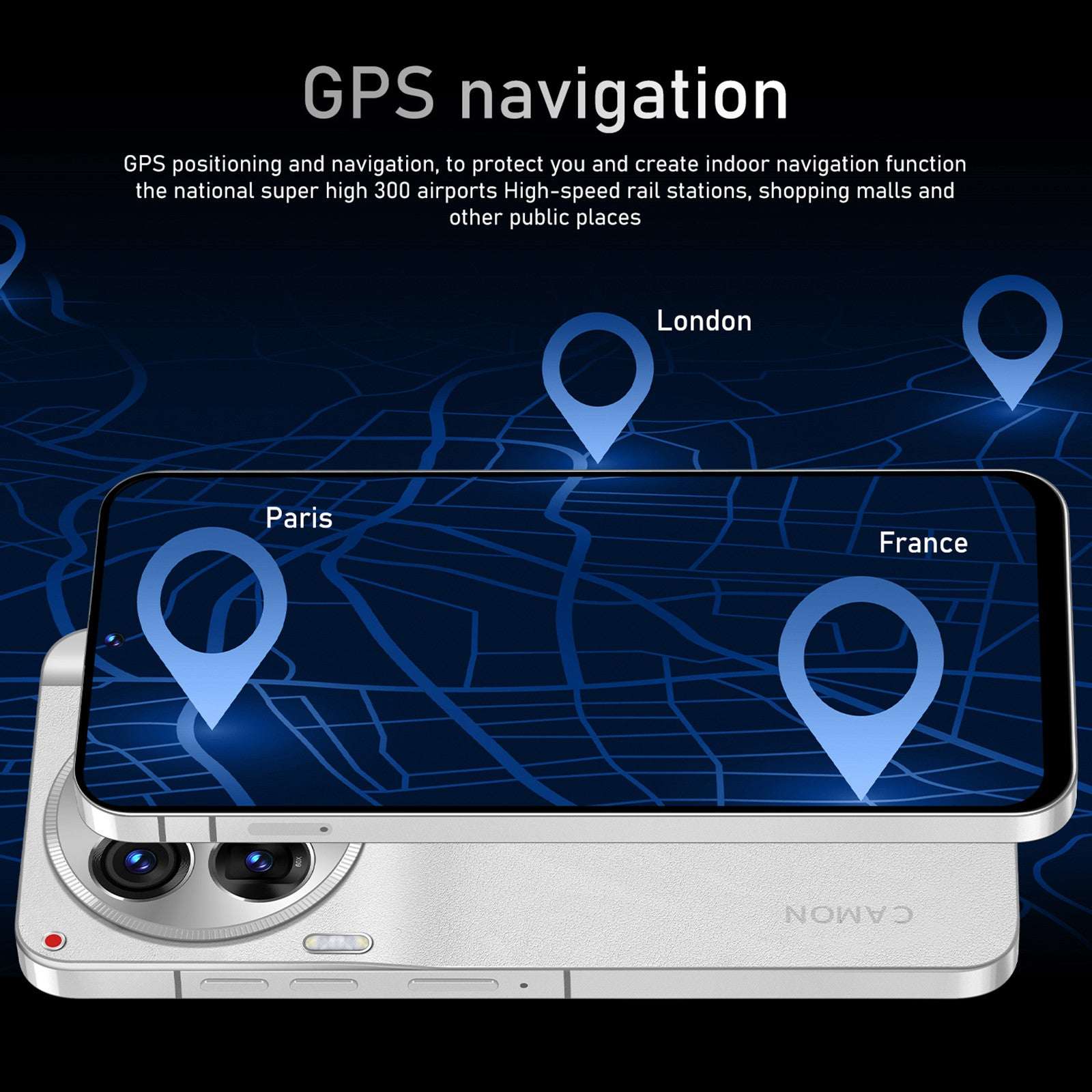 Smartphone displaying GPS navigation map with location pins