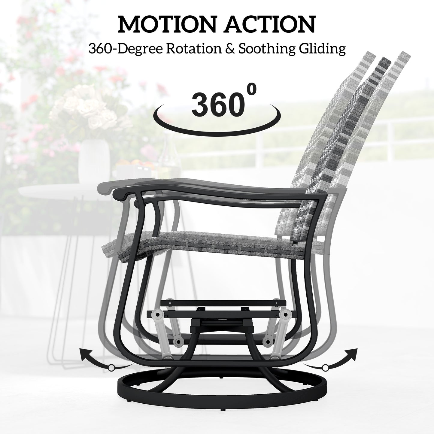 Gray woven wicker high-back swivel glider chair with armrests and curved rocking base