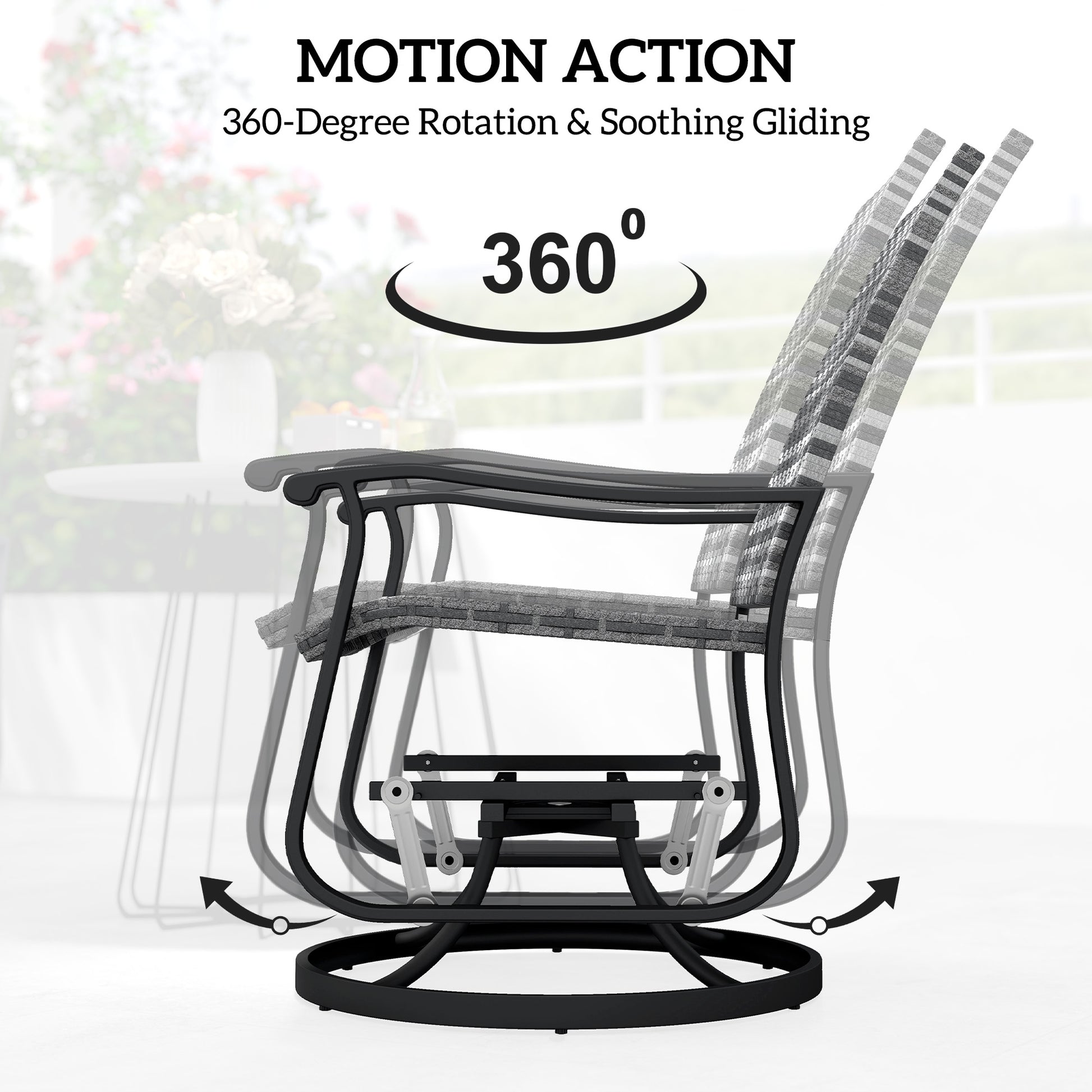 Gray woven wicker high-back swivel glider chair with armrests and curved rocking base
