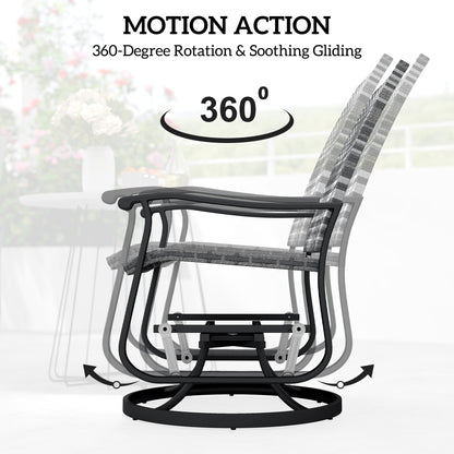Gray woven wicker high-back swivel glider chair with armrests and curved rocking base