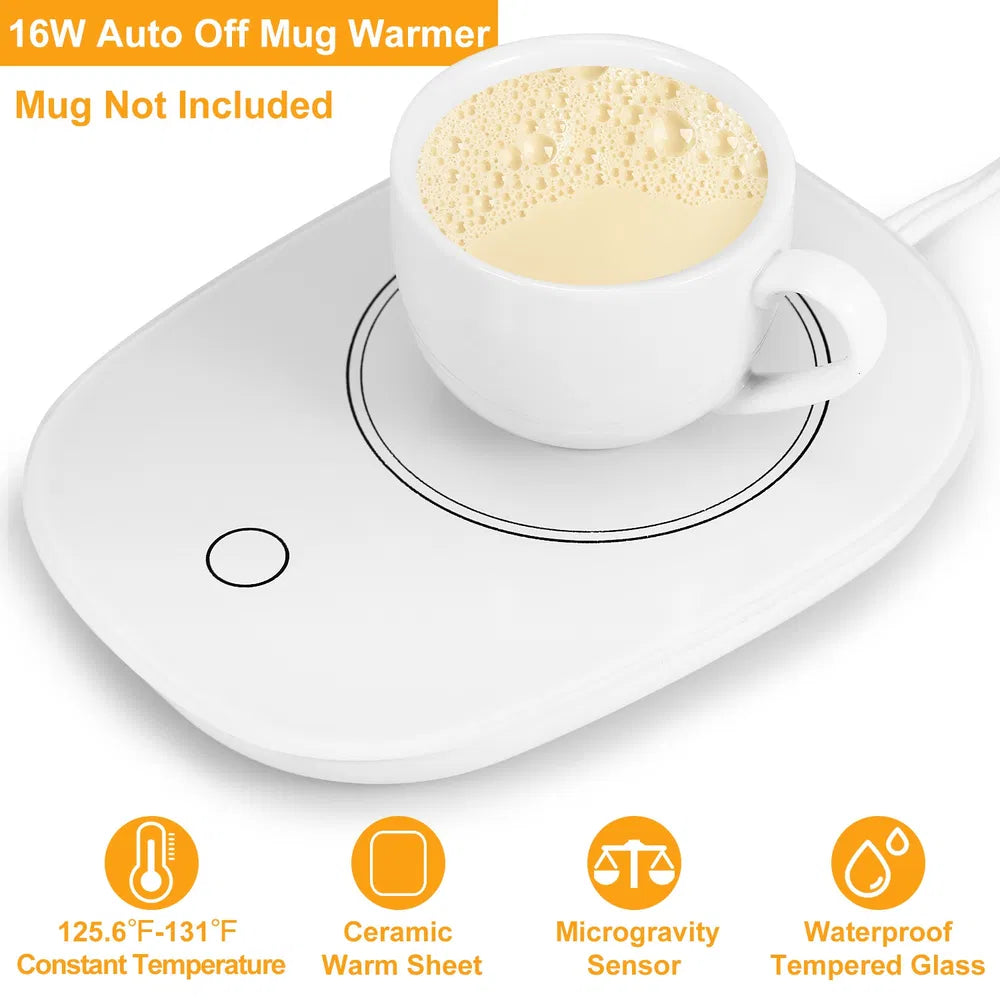 White coffee mug warmer with circular tray, ceramic warm sheet, and side power cable.