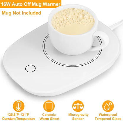 White coffee mug warmer with circular tray, ceramic warm sheet, and side power cable.