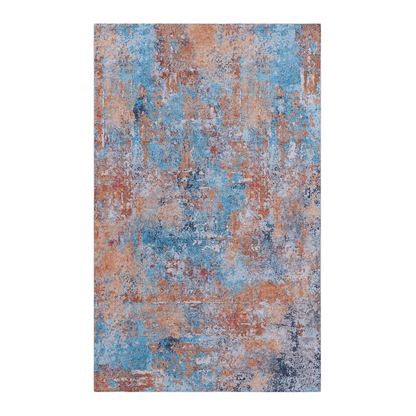 Square indoor area rug with blue, orange, and gray abstract speckle design
