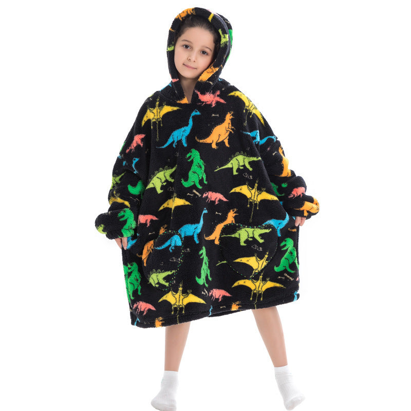 Kids' oversized thermal sweatshirt with multicolor dinosaur print and hood