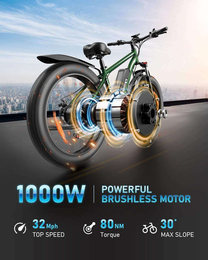 Electric fat tire bike, green frame with front headlight and oversized front tire