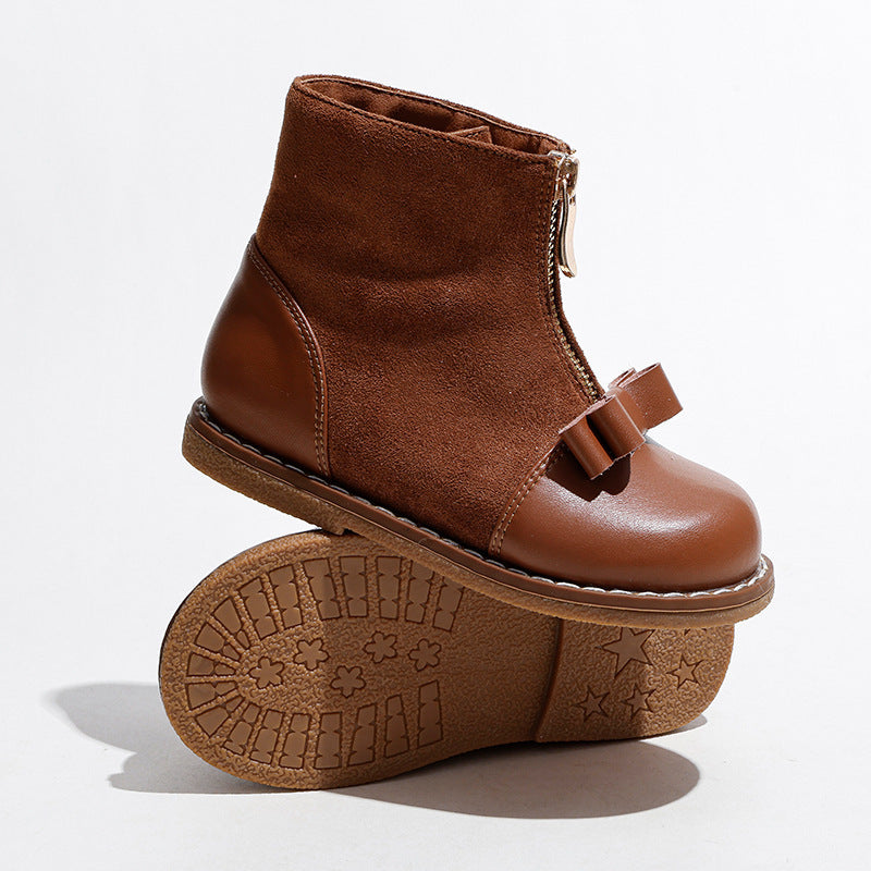 Girls' brown zipper ankle boots with buckle strap and rugged tread outsole.
