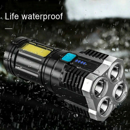 Black LED flashlight with multiple light rings and bright head, splashed water effect