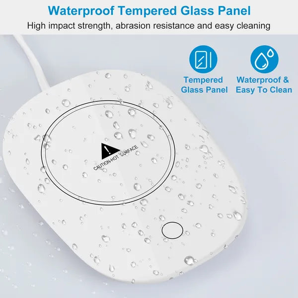 White mug warmer with waterproof tempered glass panel and visible water droplets on top.