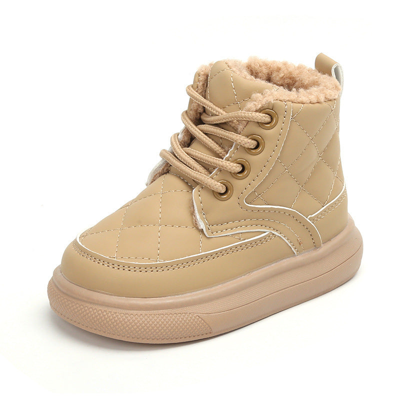 Khaki children's ankle boots with lace-up closure, quilted design, and faux-fur trim.