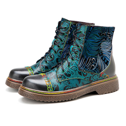 New Leather Hand Painted Printed Comfortable Flat Boots