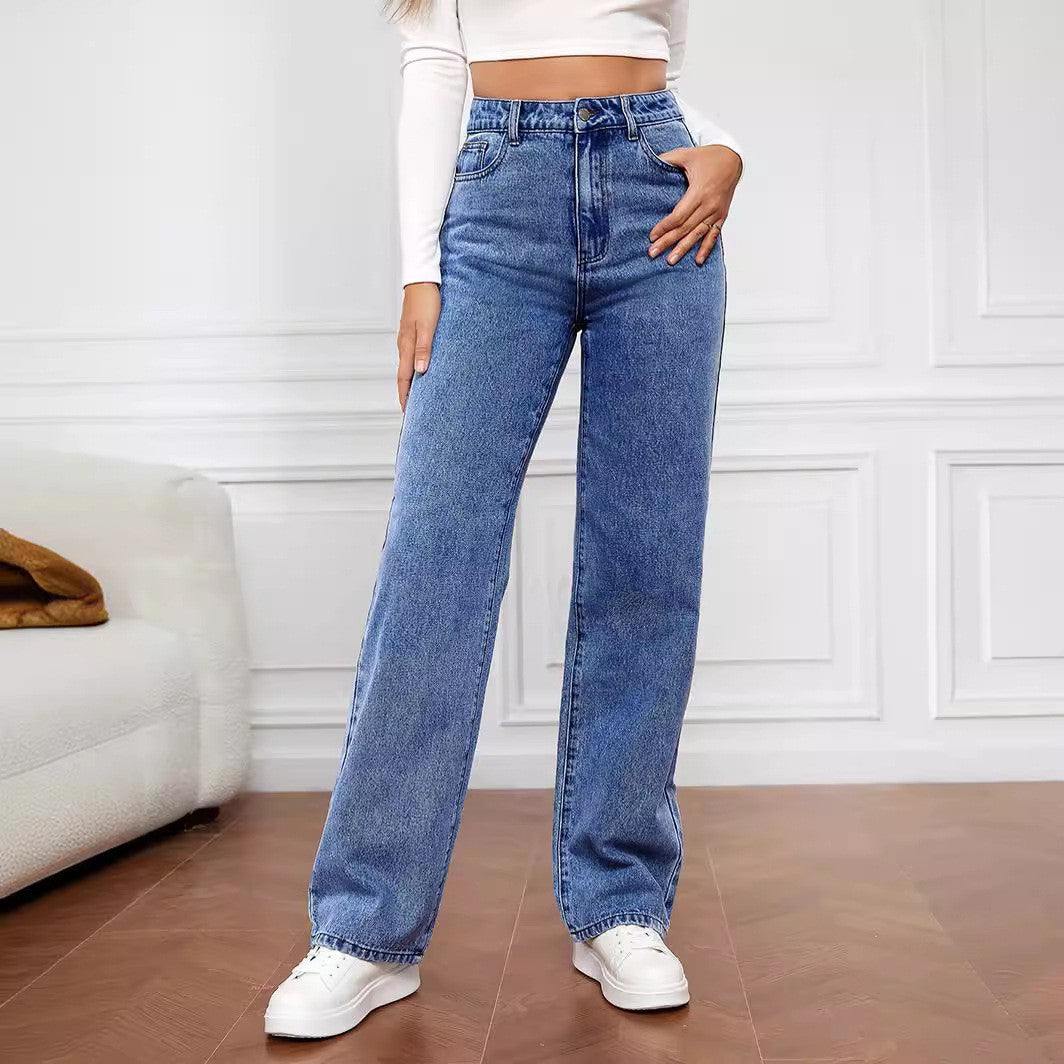 Women's Mid-Waist Washed Straight Jeans Washed Fashion Straight Jeans Women's Mi | Ectron Online