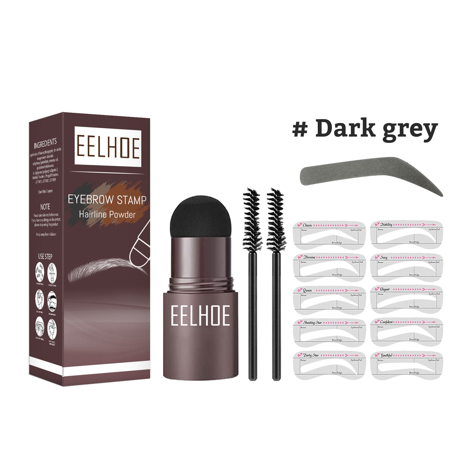 Dark grey eyebrow stamp hairline powder set with stamp, 2 spoolie brushes, stencil cards