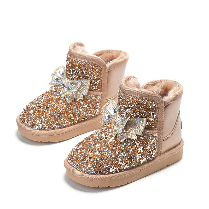 Gold glitter velvet padded cotton shoes with bow and rhinestone detail, side view