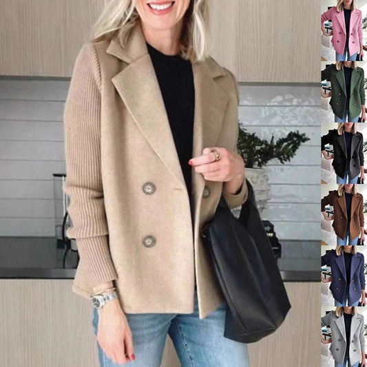 Women's Double Breasted Splicing Coat with Knitted Sleeves

