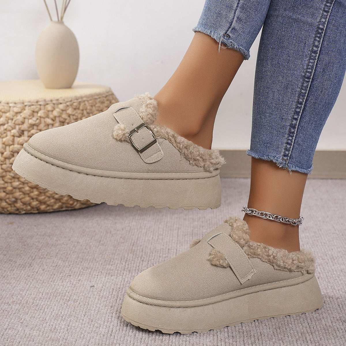 Fashion Thick-soled Plush Buckle Slippers – Warm Winter Shoes Fashion Thick-soled Plush Buckle Cotton | Ectron Online