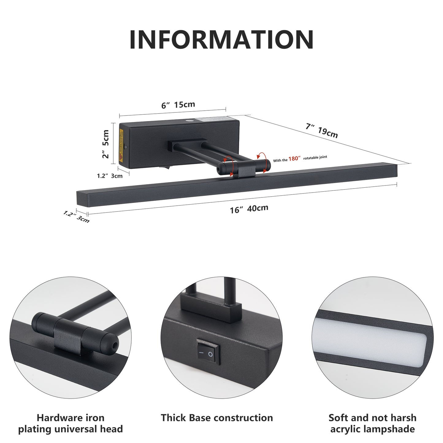 Rechargeable LED Picture Light with Remote - 16" Black Art Light
